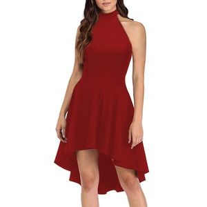 Satin Mathews high low halter dress red